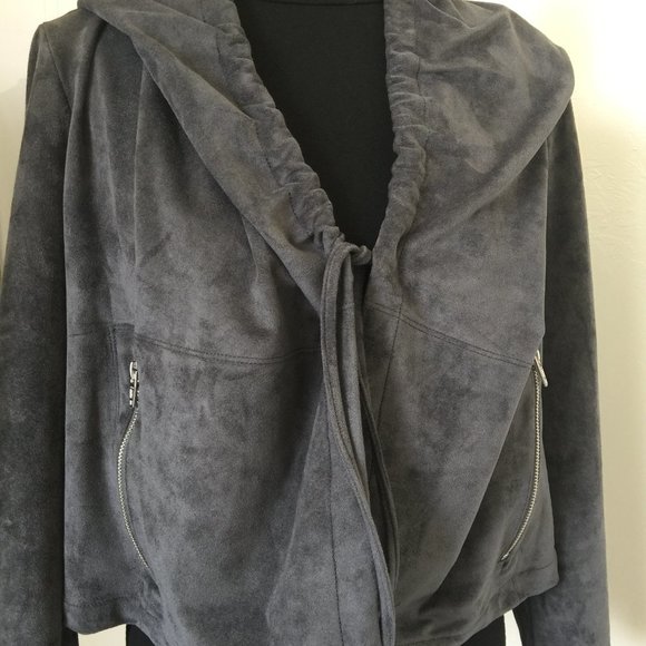 Blank NYC Faux Suede Grey Drawstring Hooded Jacket Size Small Zipper Pockets - Picture 6 of 9